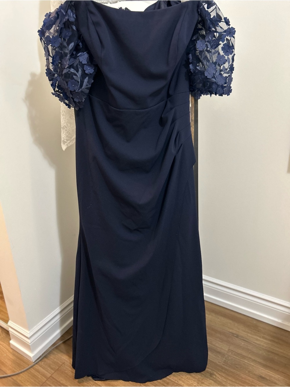 Xscape Navy Maxi Dress with Floral Puff Sleeves